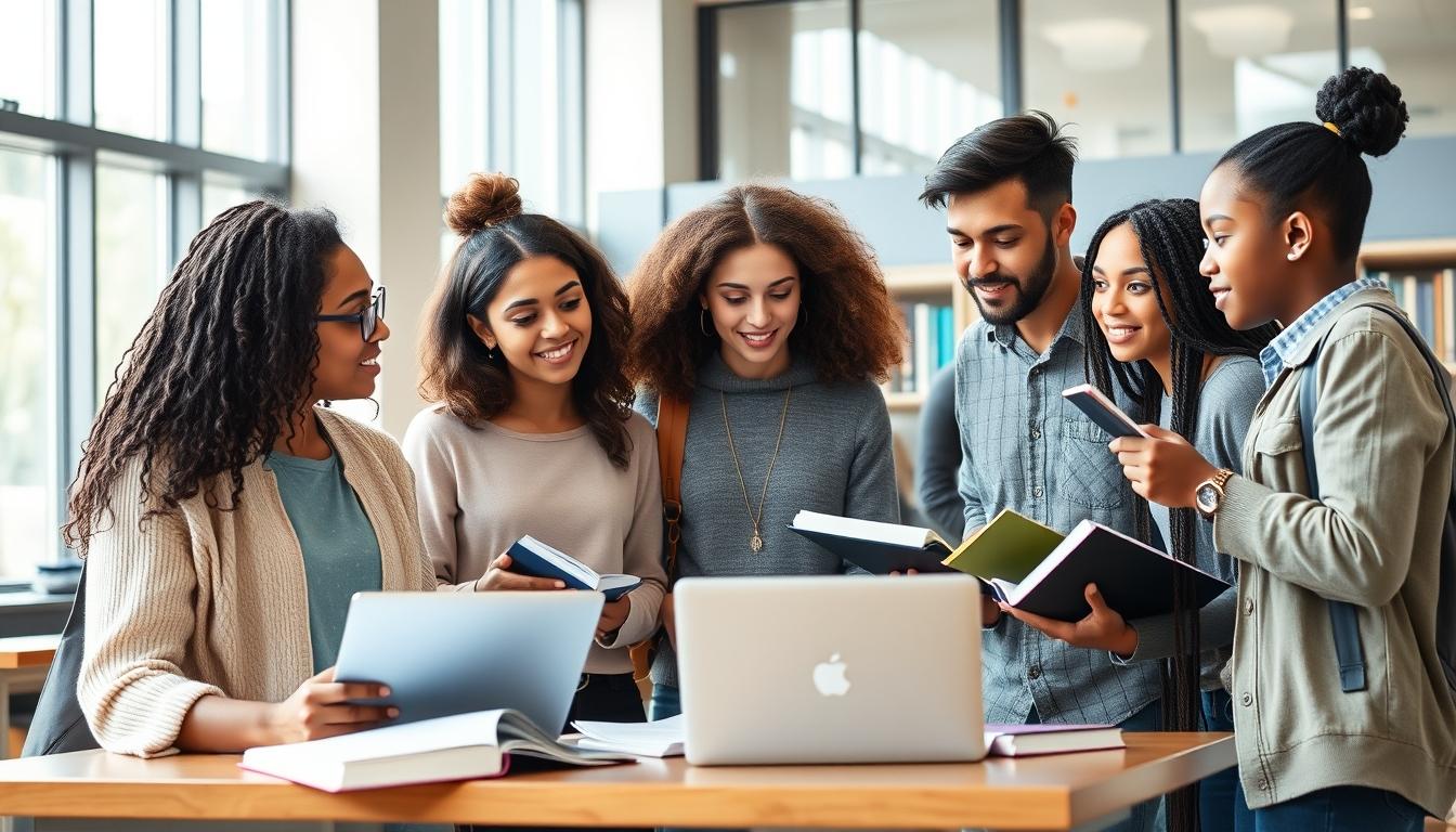 Students studying together in modern classroom